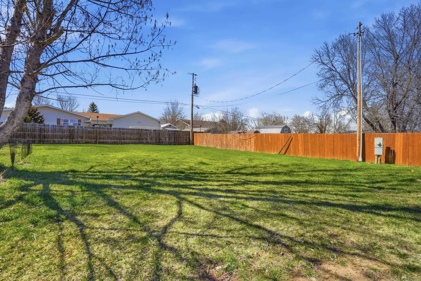 A large, green, grassy backyard with a tall, wooden fence under a blue sky.