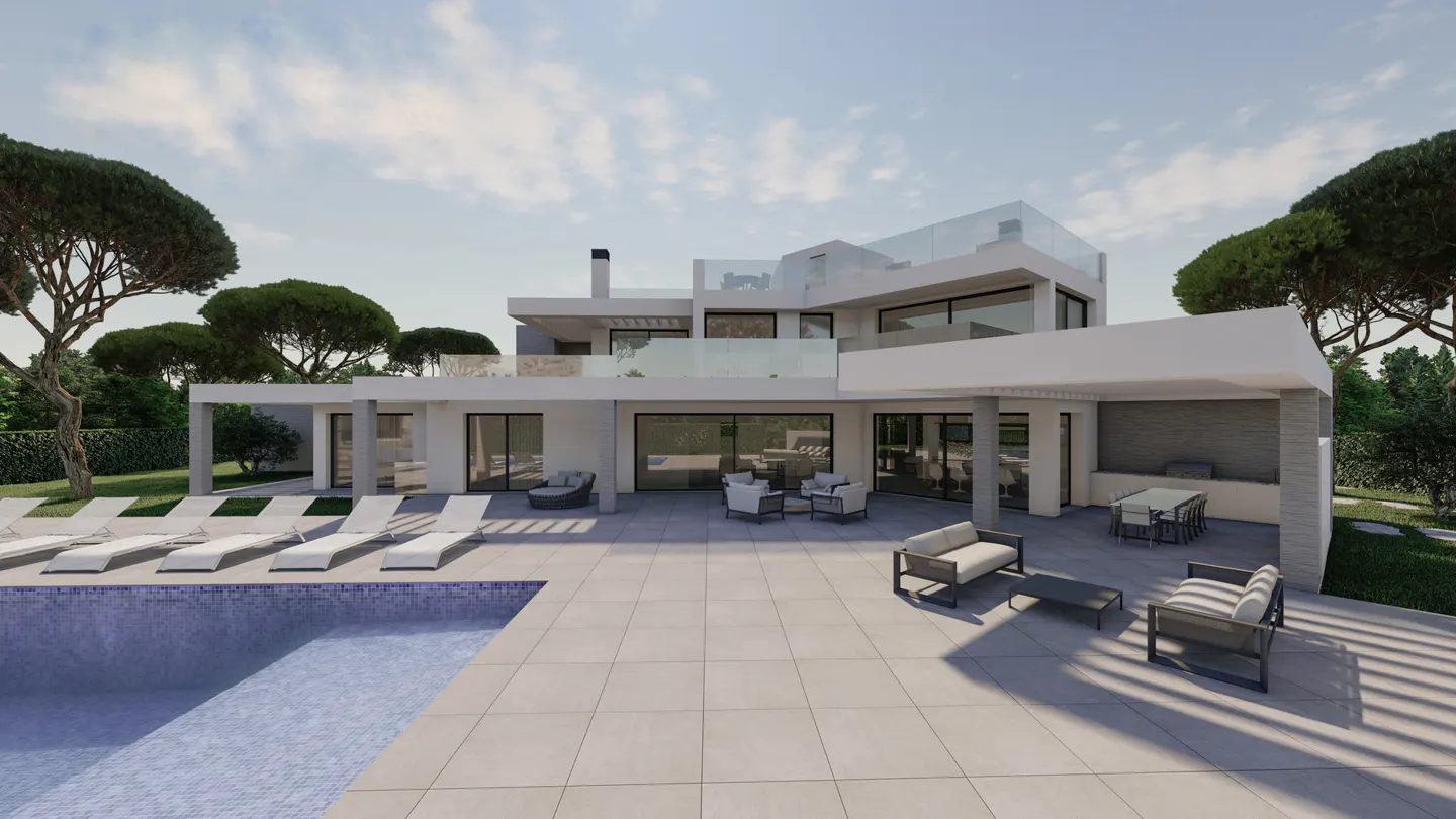 Modern white house with a pool, lounge chairs, and patio furniture on a sunny day.