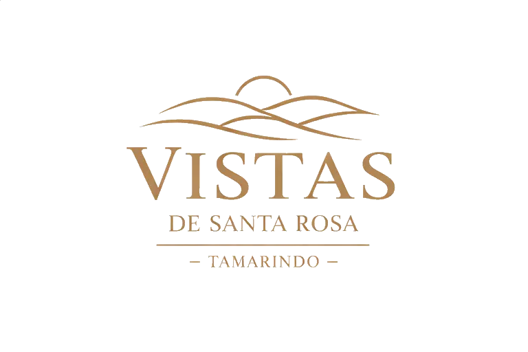 Logo for Vistas de Santa Rosa, Tamarindo, in gold on black. Hills and a rising sun are above the text.