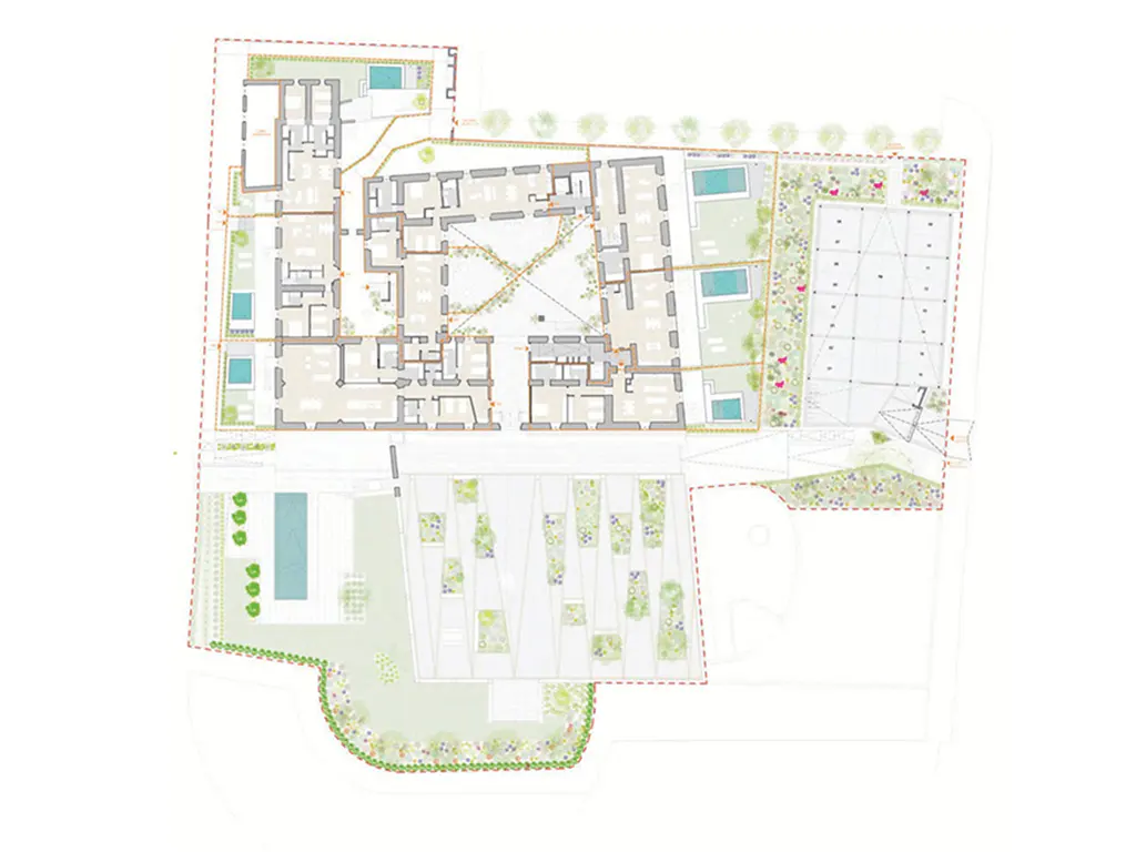 Architectural plan view of a building with multiple rooms, pools, and gardens. The layout is complex, with a courtyard and various outdoor spaces.