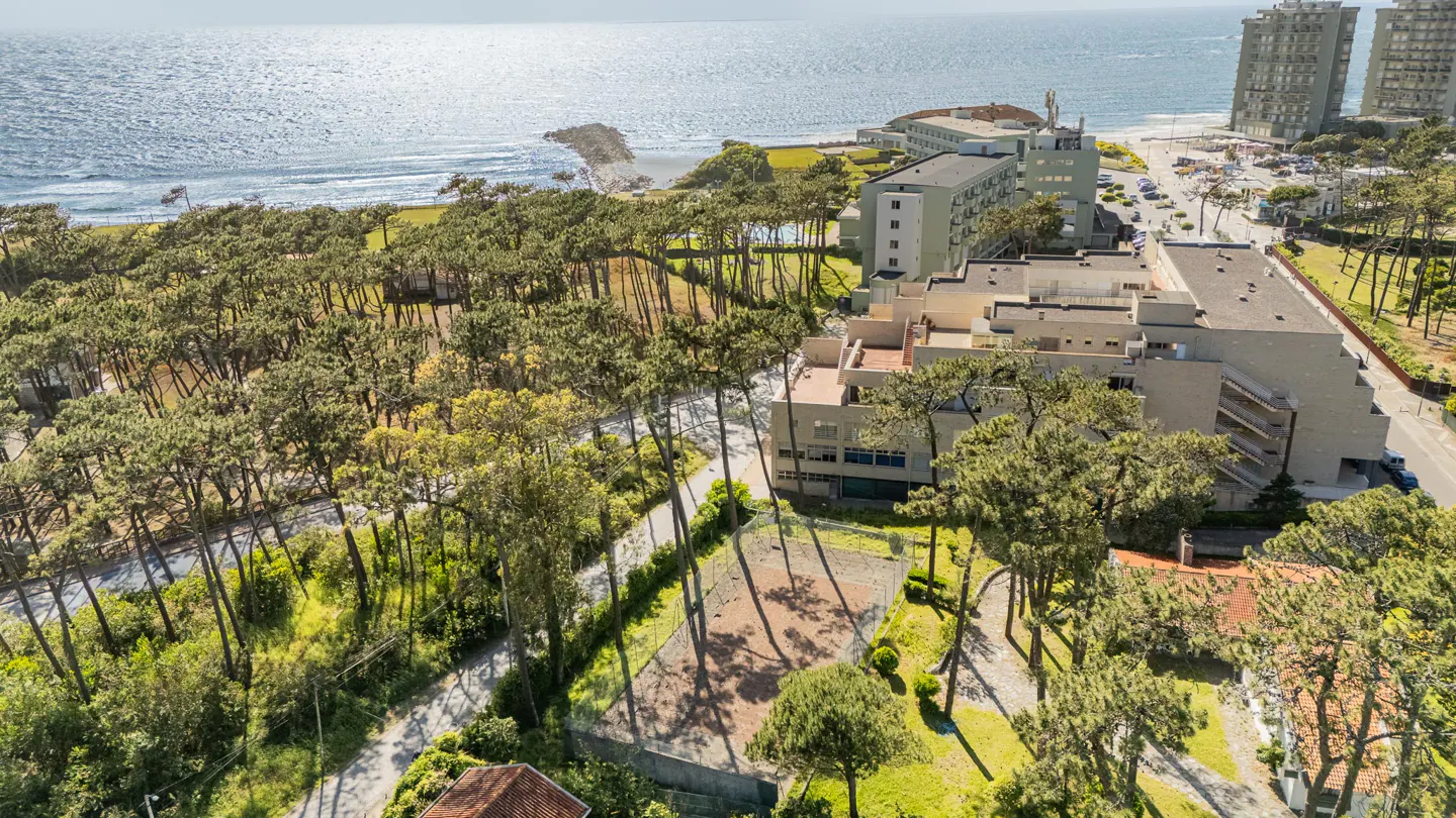 Aerial view of a coastal property featuring a hotel, pine trees, and the ocean in the background.