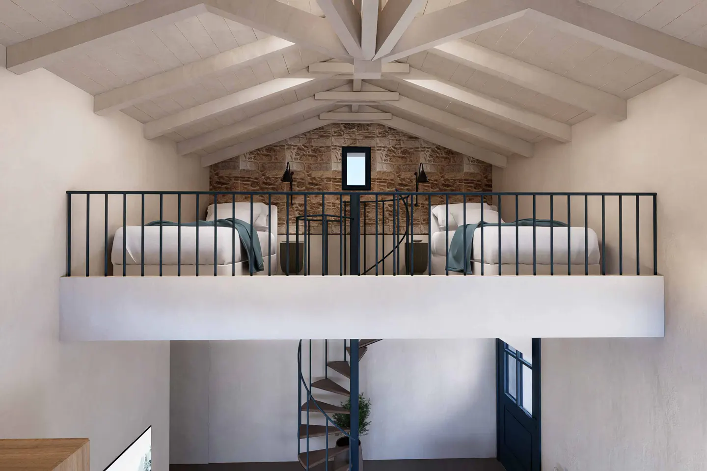 Loft bedroom with two beds, blue railings, and a spiral staircase. The room has a stone wall and a white, beamed ceiling.