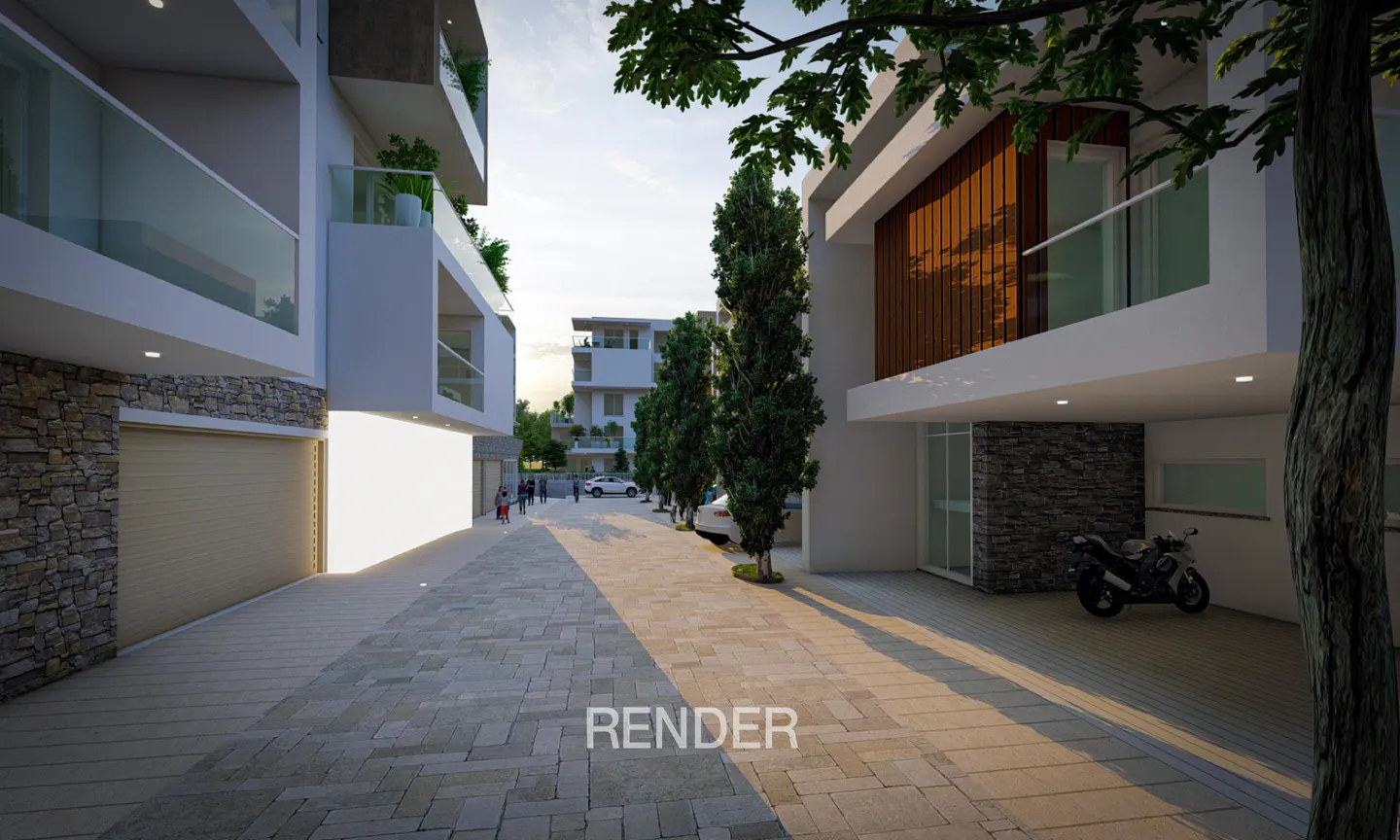 Architectural render of a modern residential street with stone-accented buildings, paved driveway, and parked motorcycle.