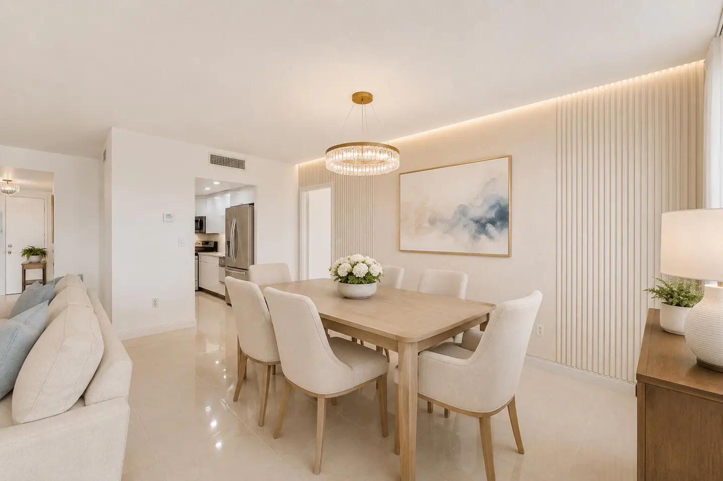 Bright, modern dining room with a light wood table, white chairs, and a crystal chandelier. An abstract painting hangs on the wall.
