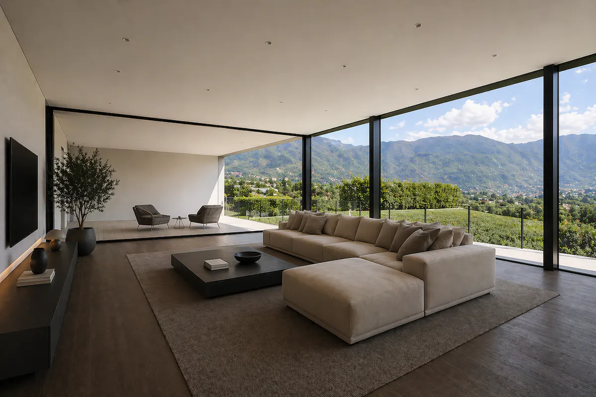 A modern living room with a beige sectional sofa, dark wood floors, and floor-to-ceiling windows with mountain views.
