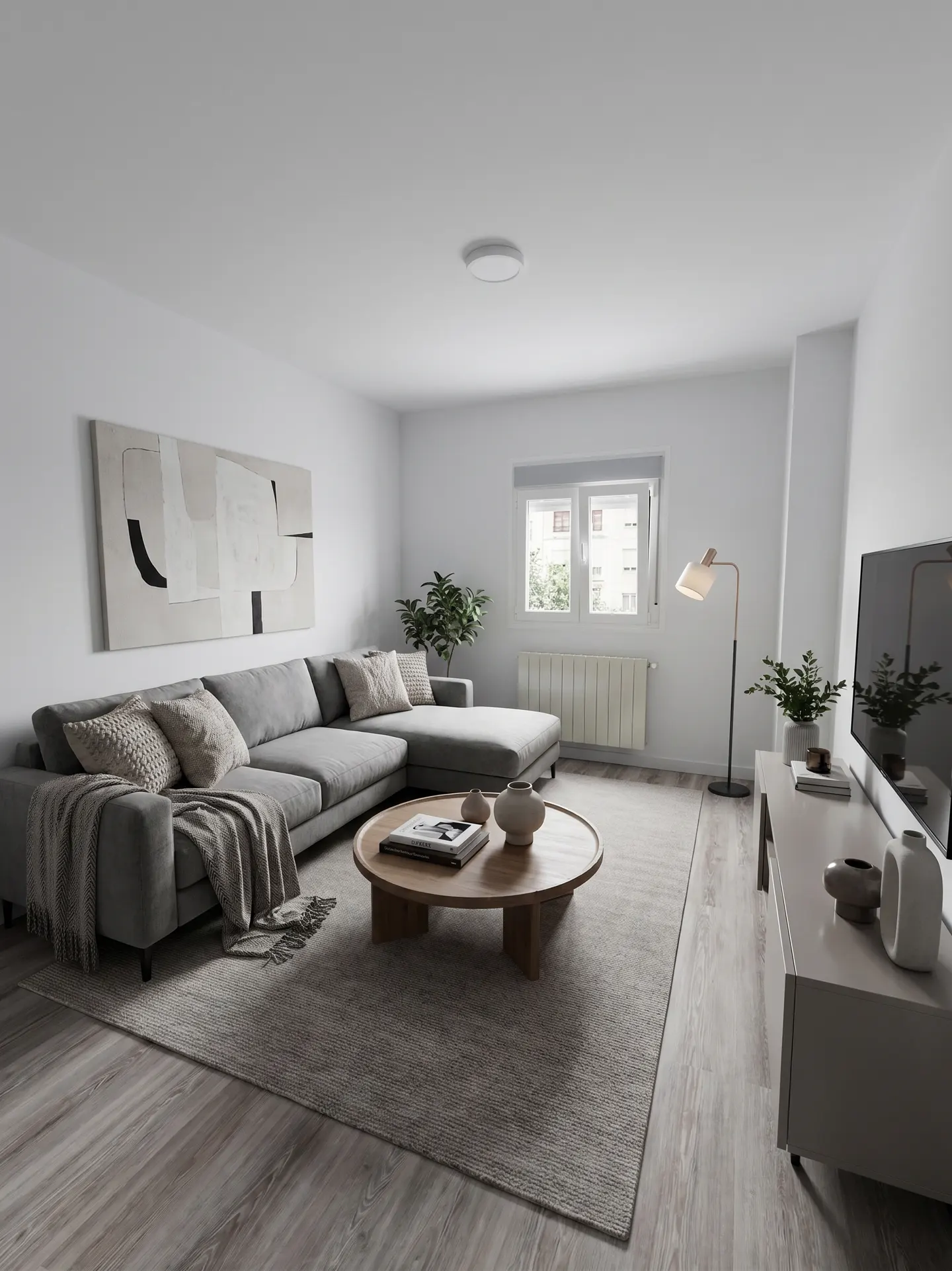 Bright living room with gray sectional sofa, round wood coffee table, and large abstract art on white wall. A gray rug covers the wood floor.