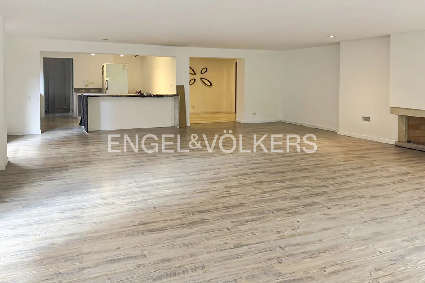 Open-concept living space with wood-look floors, white walls, and a kitchen with a breakfast bar. Fireplace on the right.