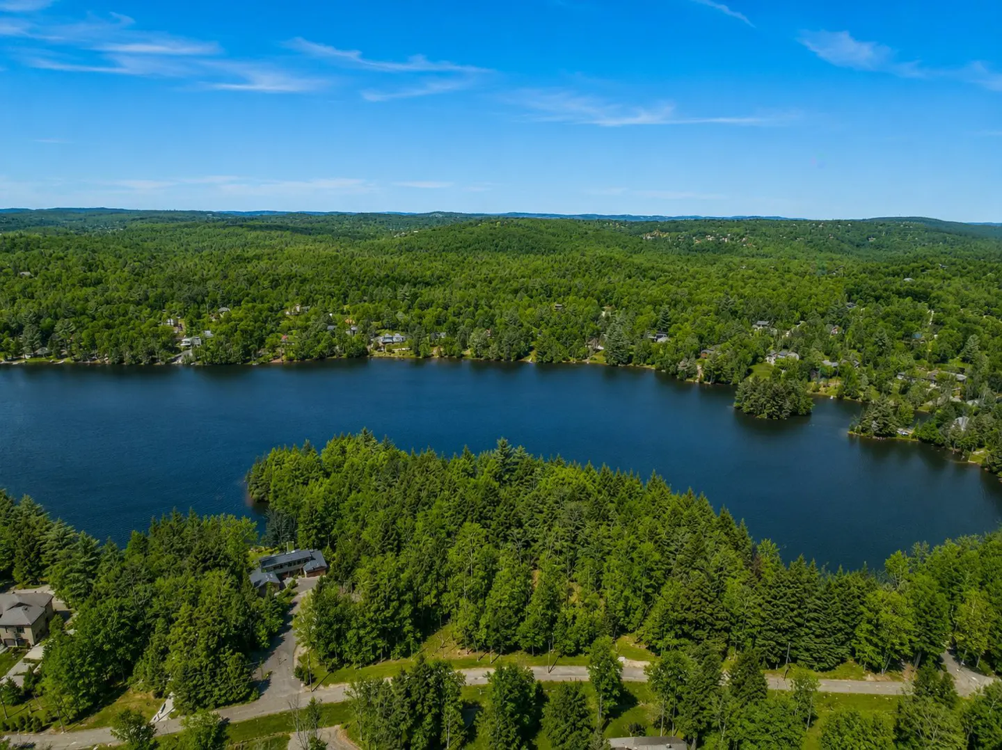 Aerial view of a blue lake surrounded by green trees under a blue sky.