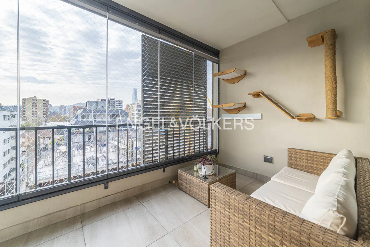 Enclosed balcony with city view, wicker furniture, and cat climbing wall. The balcony has a glass enclosure and a black metal railing.
