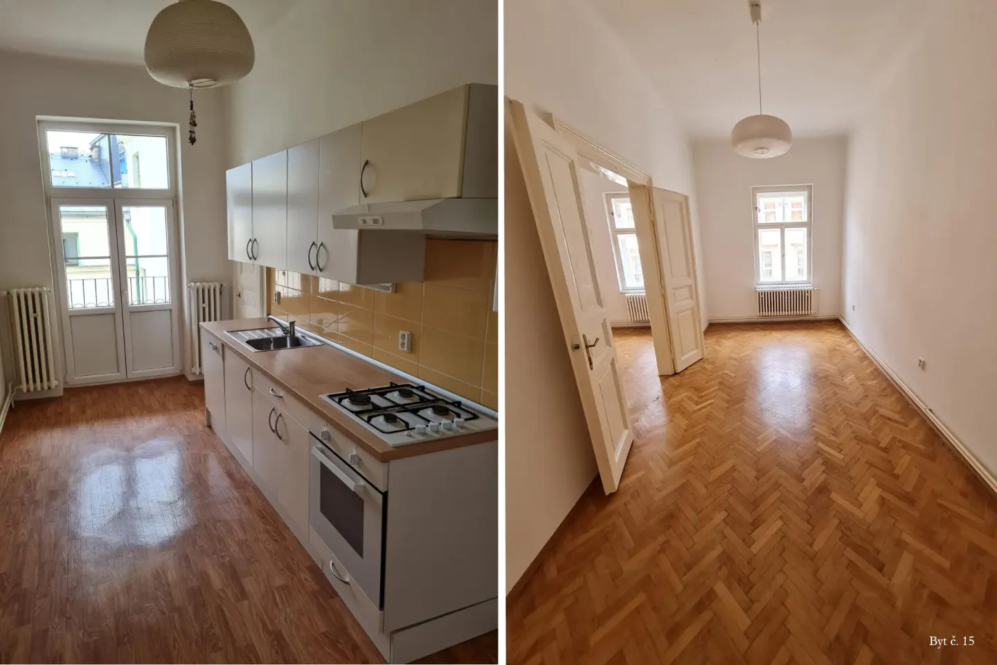 Split view of a kitchen with white cabinets and yellow tiles, and an empty room with herringbone wood floors and white doors.