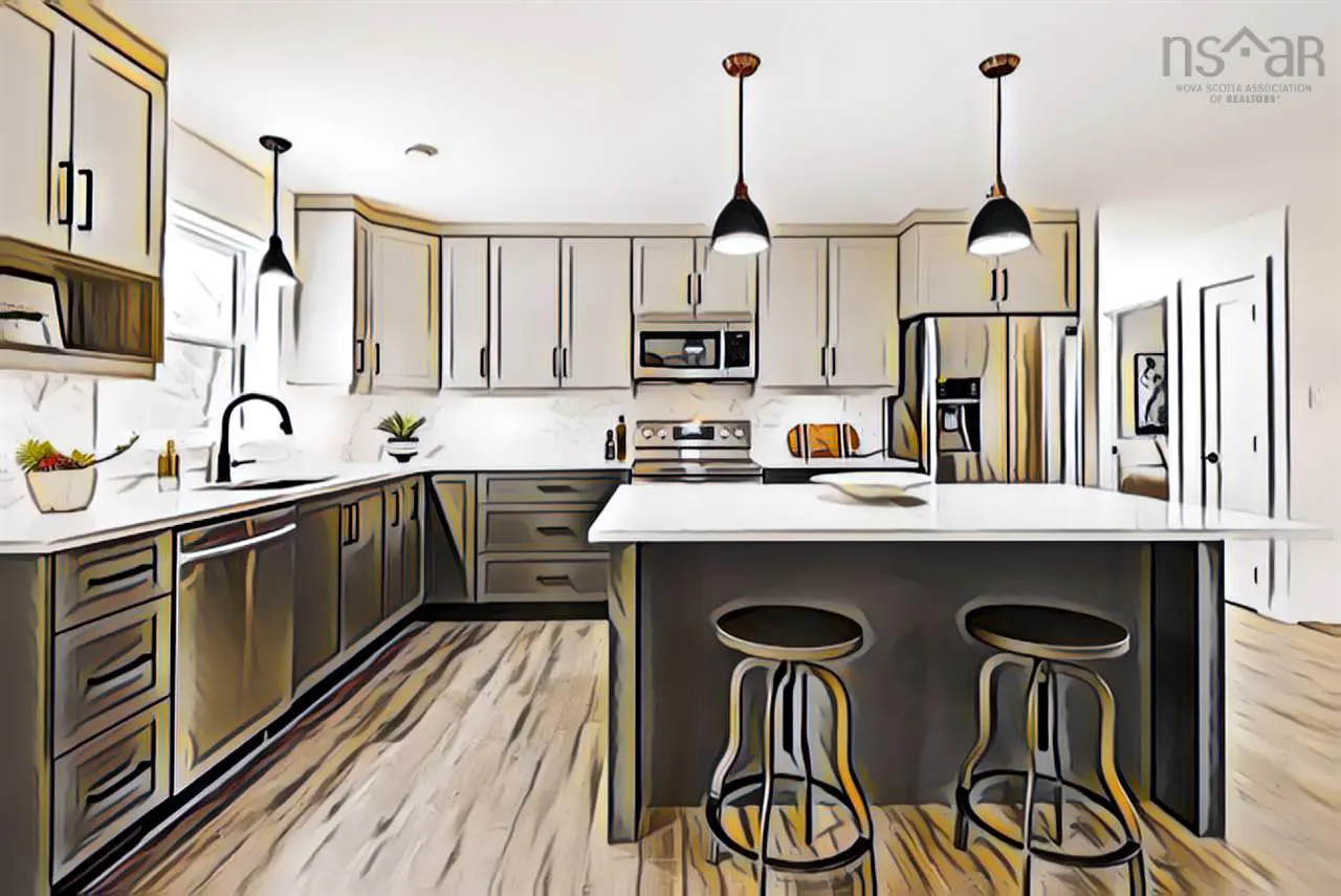 Bright kitchen with white cabinets, stainless steel appliances, and a large island with two stools. Wood floors and pendant lighting complete the modern design.