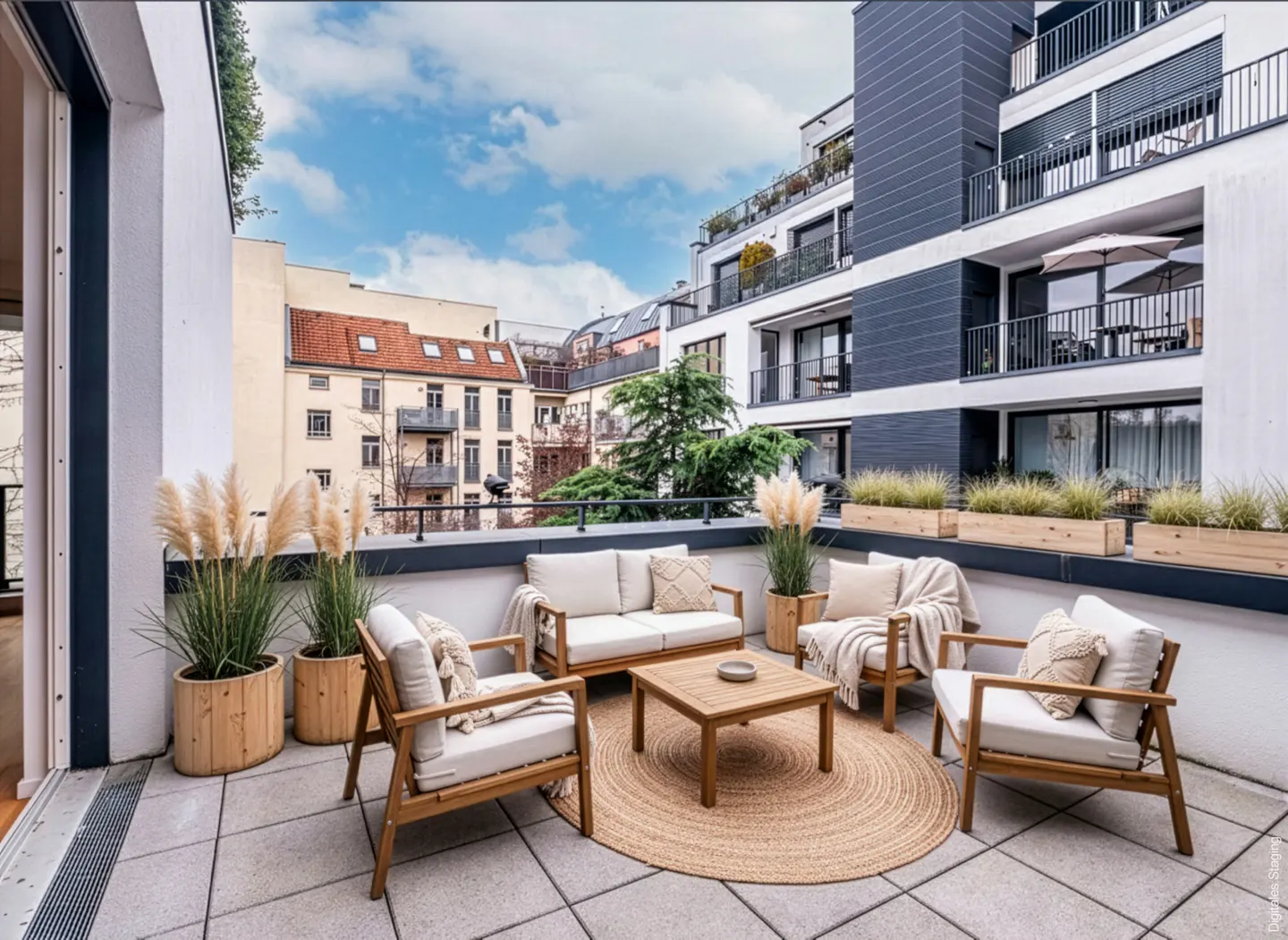 A modern balcony with a seating area, including a sofa, chairs, and a coffee table on a round rug. Tall pampas grass in pots adds a natural touch.