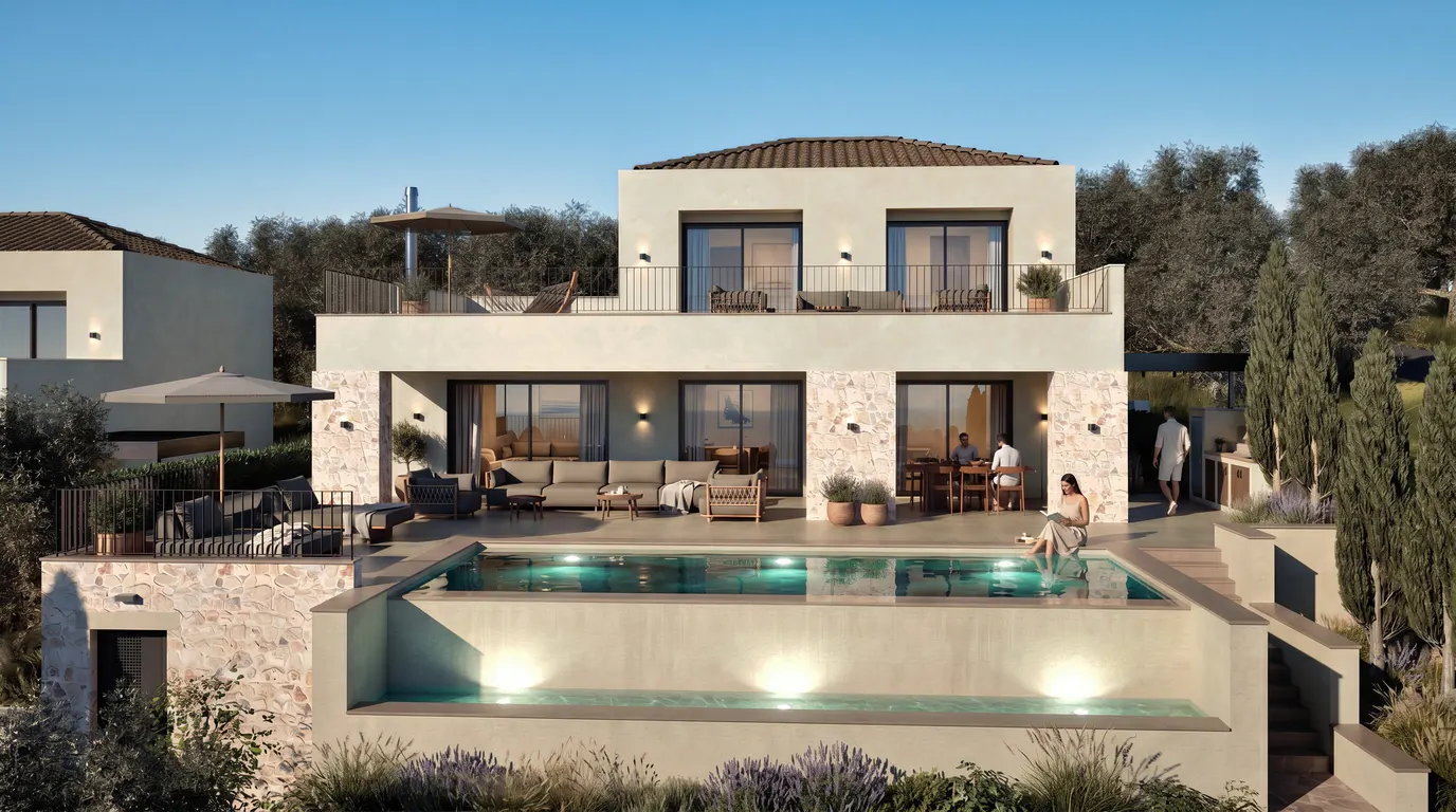 Modern two-story villa with a tiered infinity pool, outdoor lounge, dining area, and balcony set in a Mediterranean landscape.