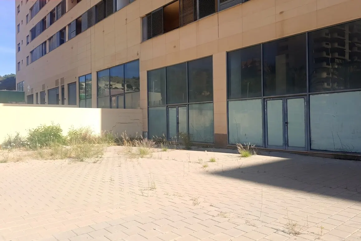 Exterior of a vacant commercial building with overgrown weeds and a brick-paved parking lot. Large windows and doors are visible.
