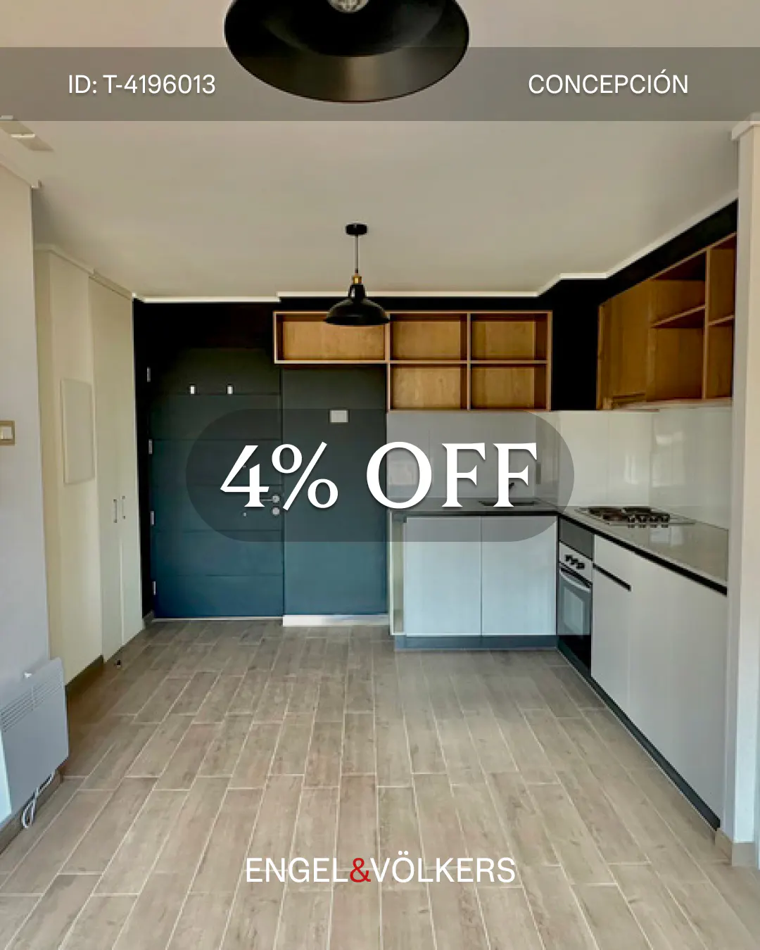 A modern apartment interior with a kitchen, featuring a "4% OFF" promotion, light wood floors, and white cabinets.