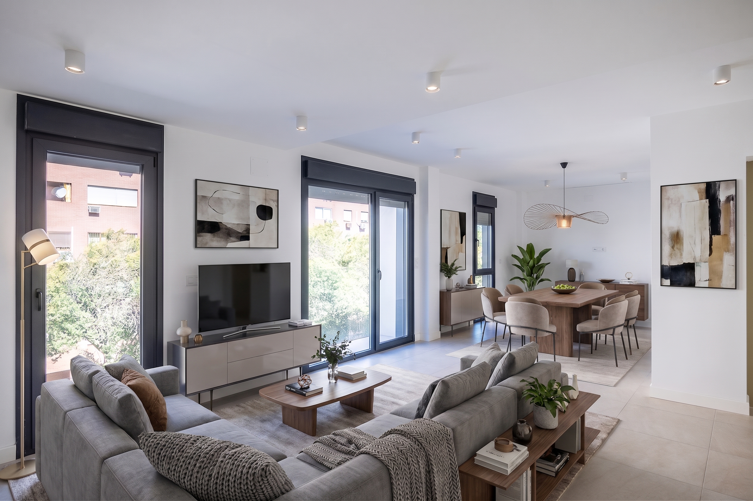 Discover Nervión, Seville: brand-new 133 m² apartment (2025) with 3 bedrooms, underground parking, elevator, pool, and west-facing balcony for private sunsets [AI-modified]