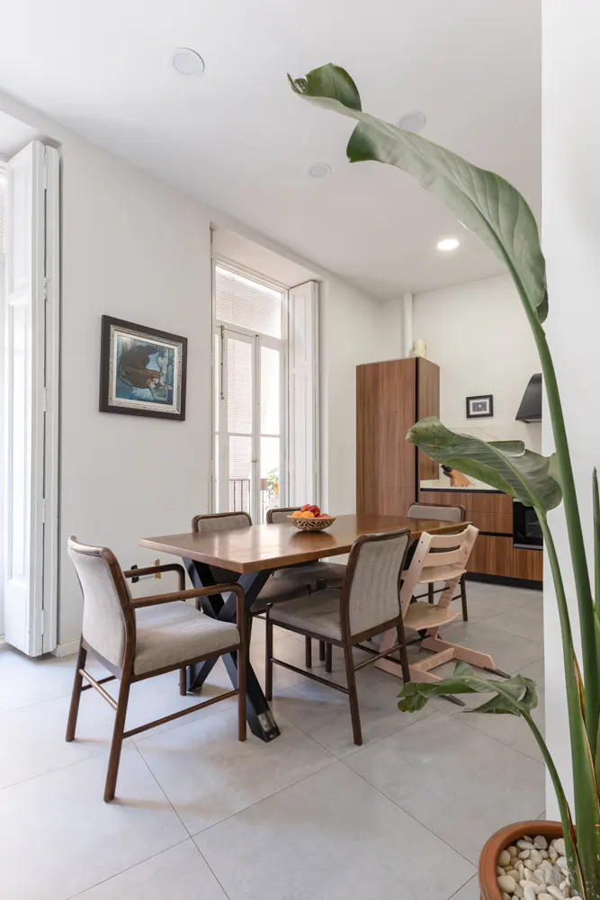 Bright dining area with a wooden table, upholstered chairs, and a large potted plant in the foreground. Modern kitchen cabinets visible in the background.