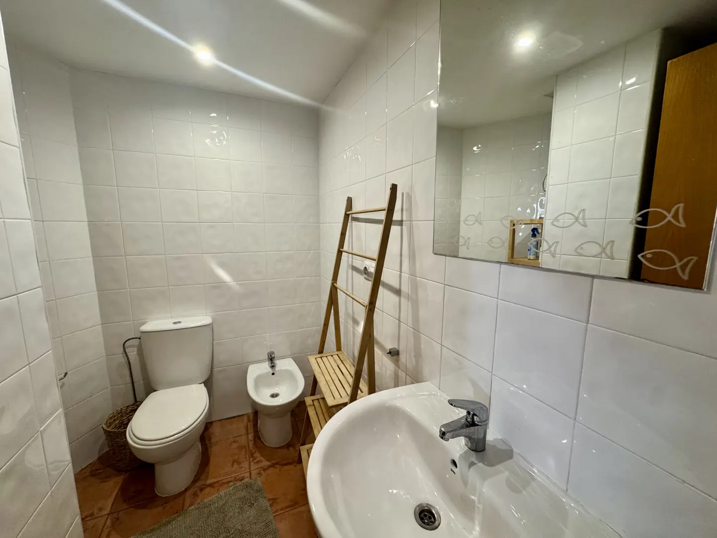 Bright bathroom with white tile walls, a toilet, bidet, and sink. A wooden ladder stands next to the sink. Mirror with fish design.