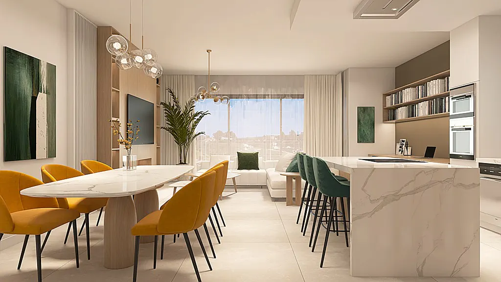 A bright, modern living space with a marble table, yellow chairs, and a white sofa near a window.