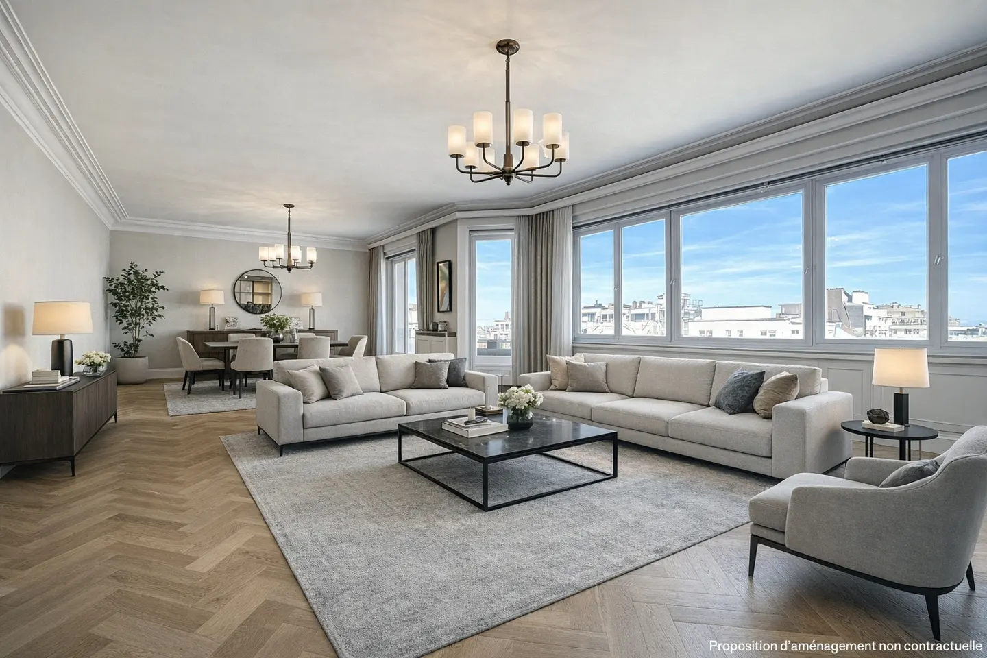 Bright, modern living room with two sofas, a black coffee table, and large windows with a city view.