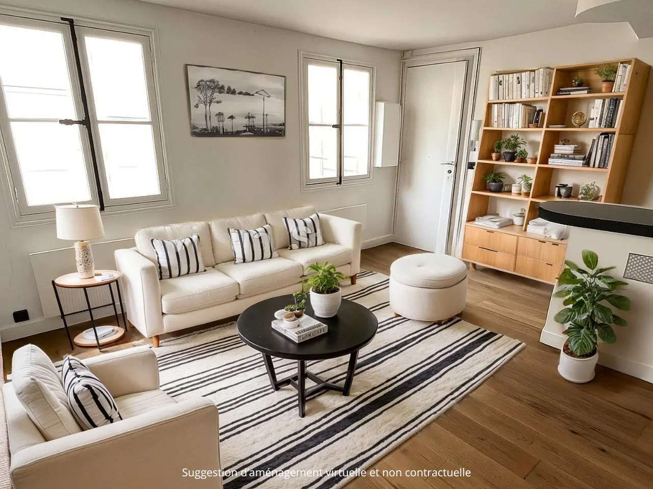 Bright living room with a white sofa, striped rug, round coffee table, wooden bookshelf, and plants on hardwood floors.