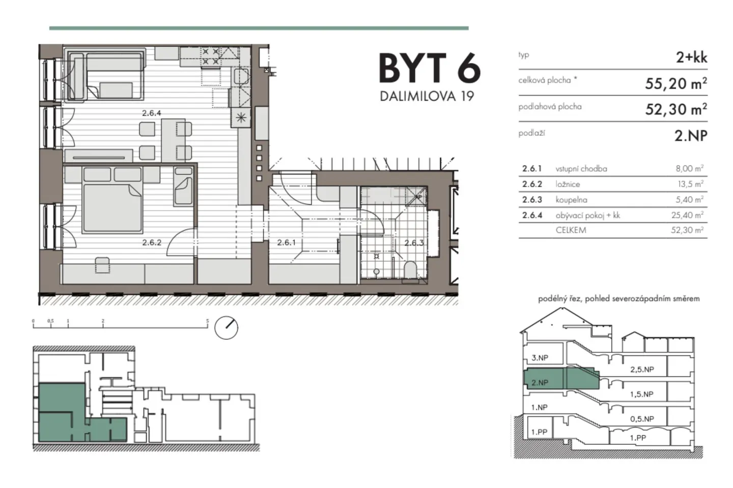 Floor plan for apartment Byt 6, Dalimilova 19, 2+kk, 55.20 m2, 2nd floor. Includes living room, bedroom, kitchen, and bathroom.