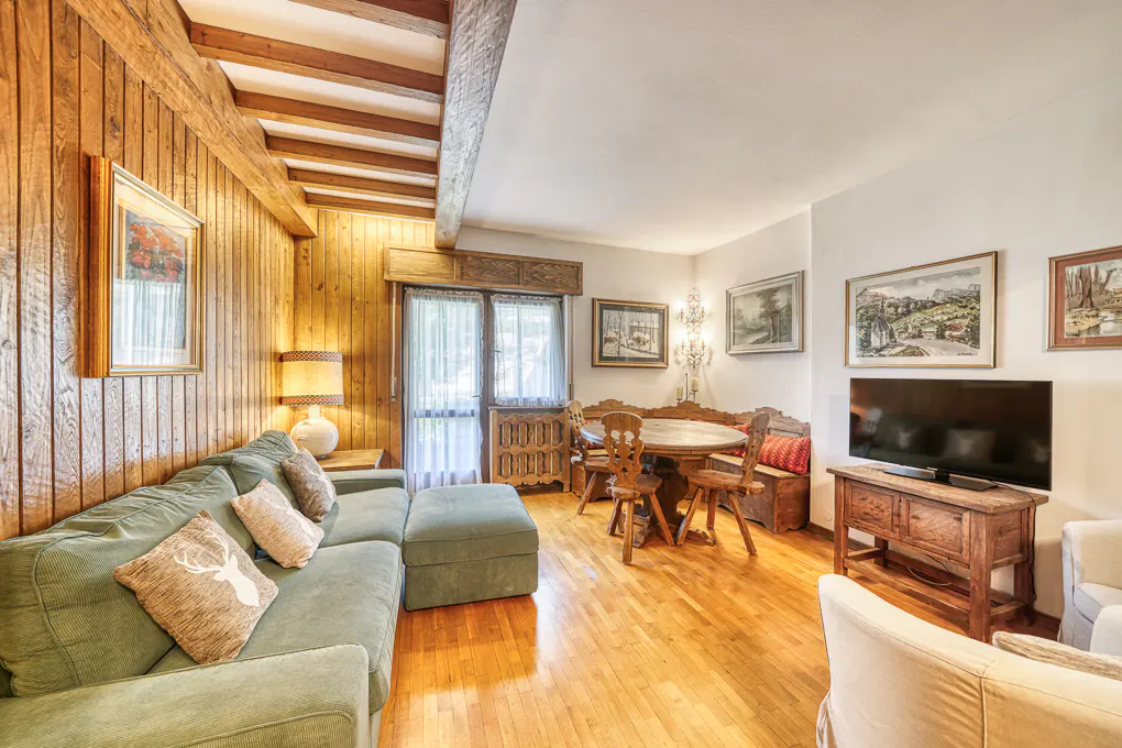 Cozy living room with wood-paneled walls, green sofa, dining nook with wooden chairs, and a television on a rustic stand.