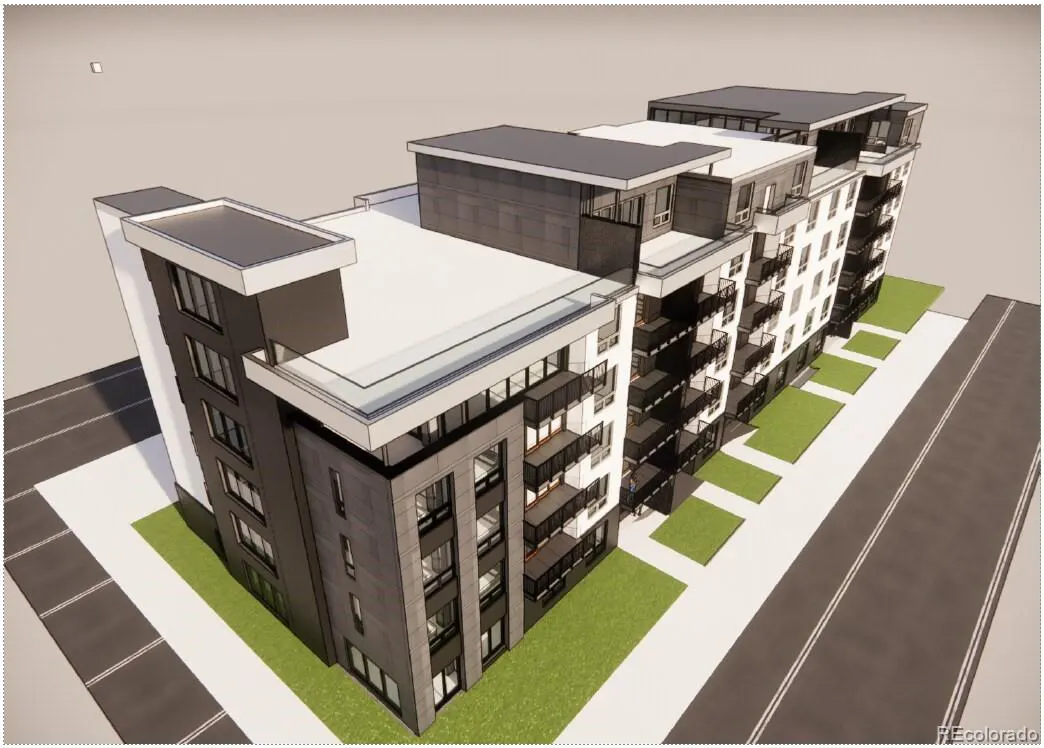 Rendering of a modern, multi-story apartment building with gray and white facade, balconies, flat roofs, and green landscaping.