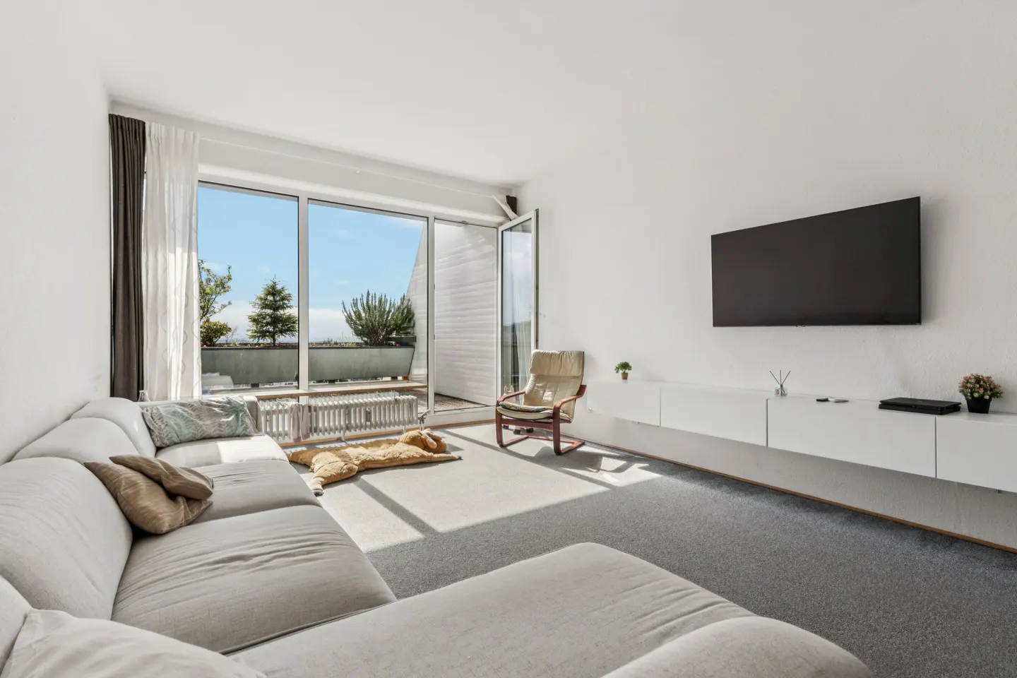Bright living room with a gray sectional sofa, TV, and balcony access with plants.