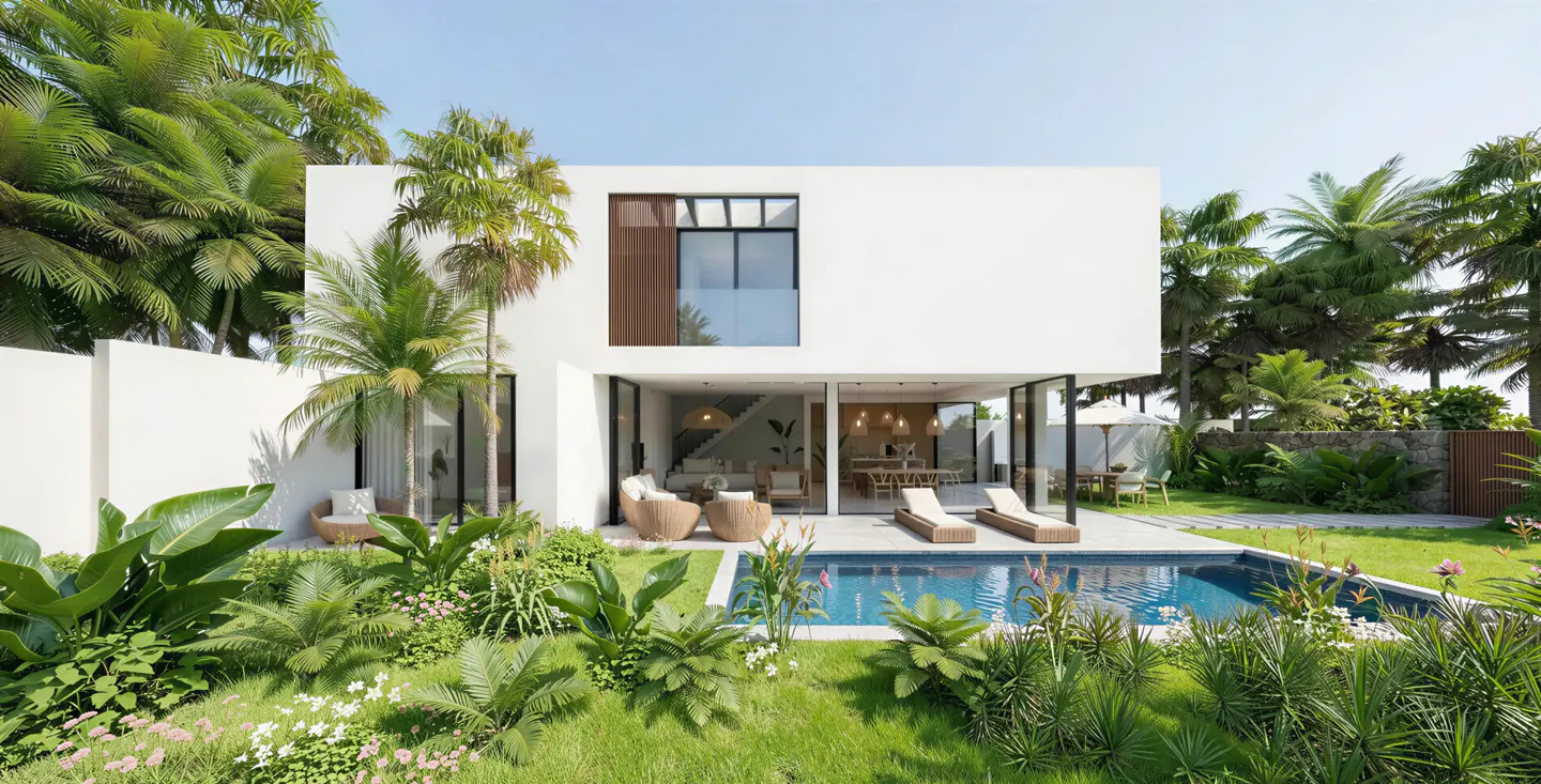 Modern white house with a pool, surrounded by lush greenery and palm trees under a clear blue sky.