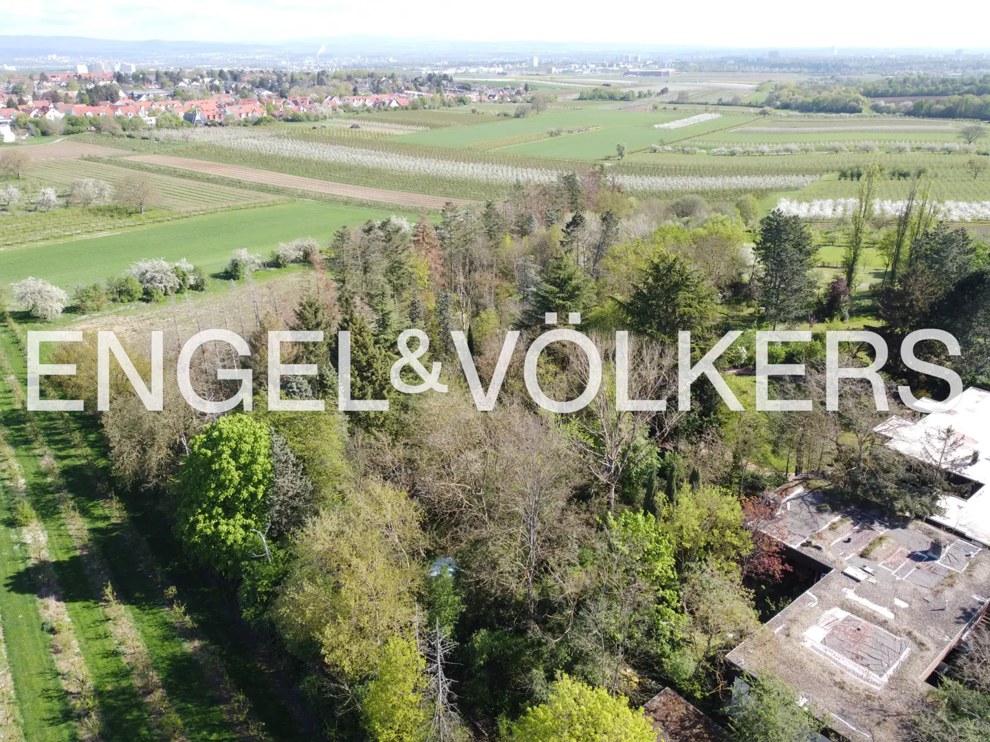 Aerial view of a property with trees, fields, and a building with a white roof. The Engel & Völkers logo is overlaid on the image.