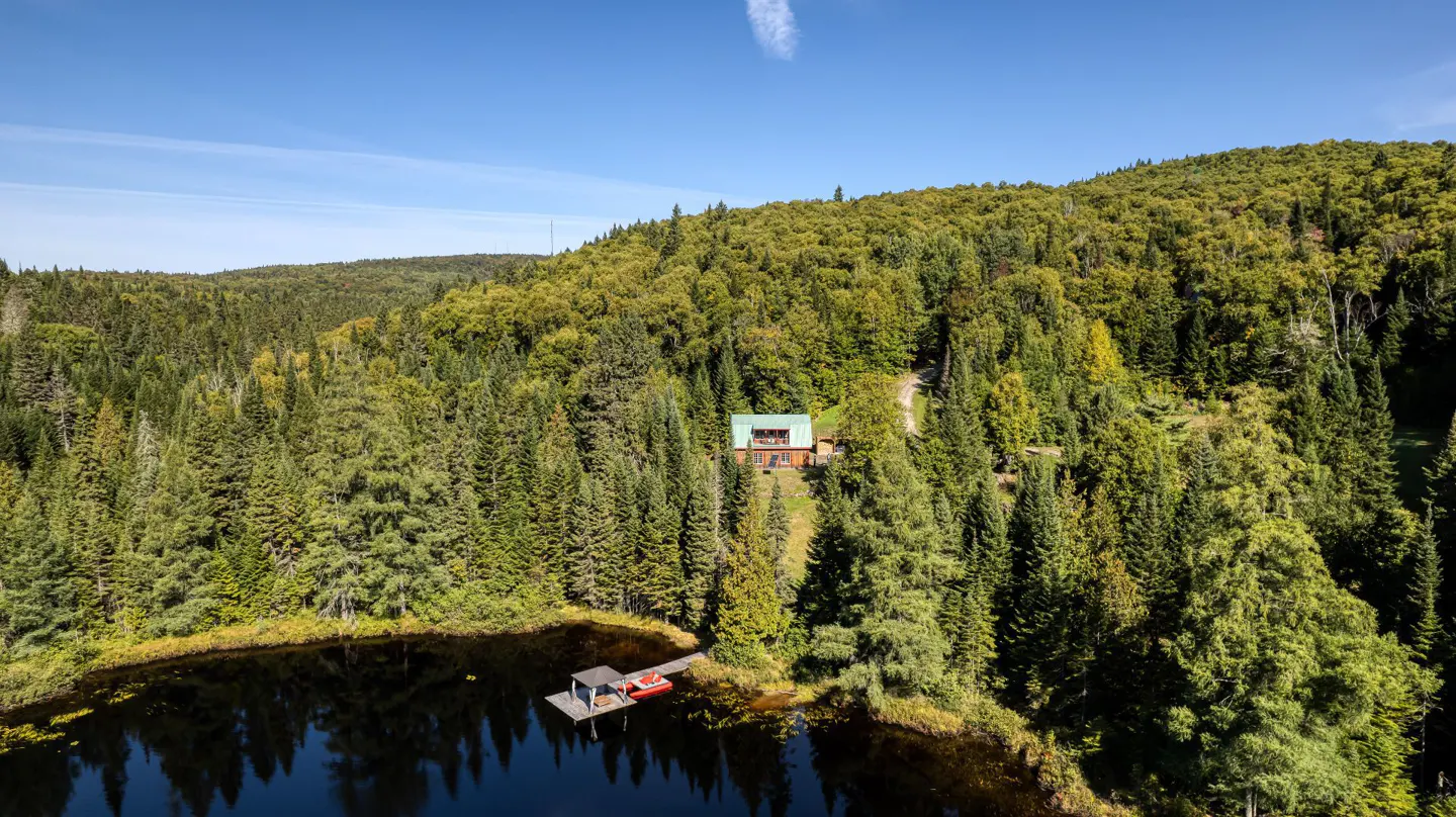 Aerial view of a cabin with a green roof nestled in a forest next to a dark lake with a dock and red canoe.