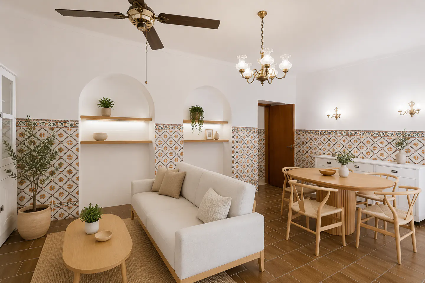 Bright living room with white sofa, wood table, and dining set. Arched shelves and patterned tiles add character. Chandelier and ceiling fan overhead.