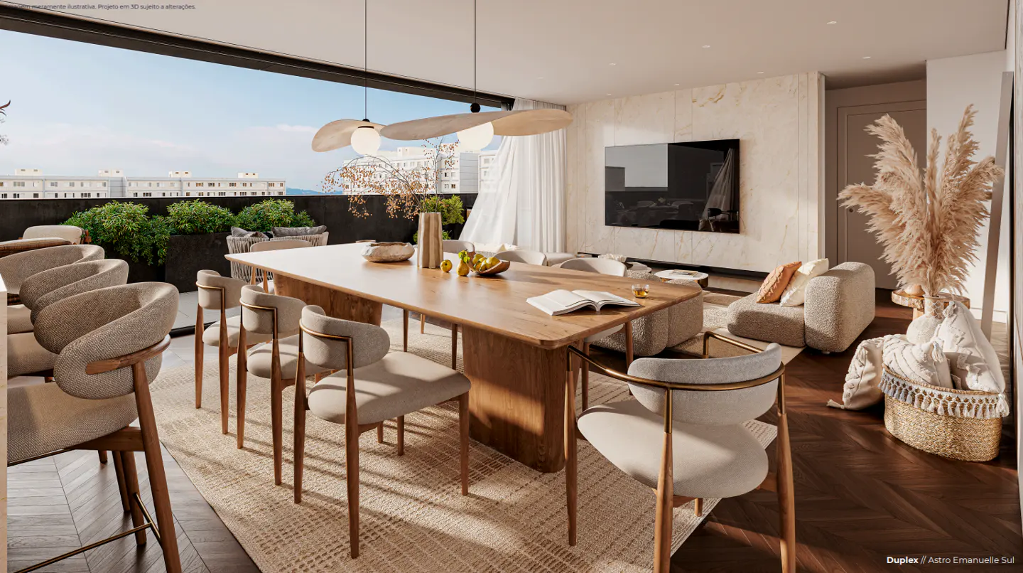 A modern dining room with a long wooden table, chairs, and a view of the city. The room is decorated in neutral colors with a large TV on the wall.