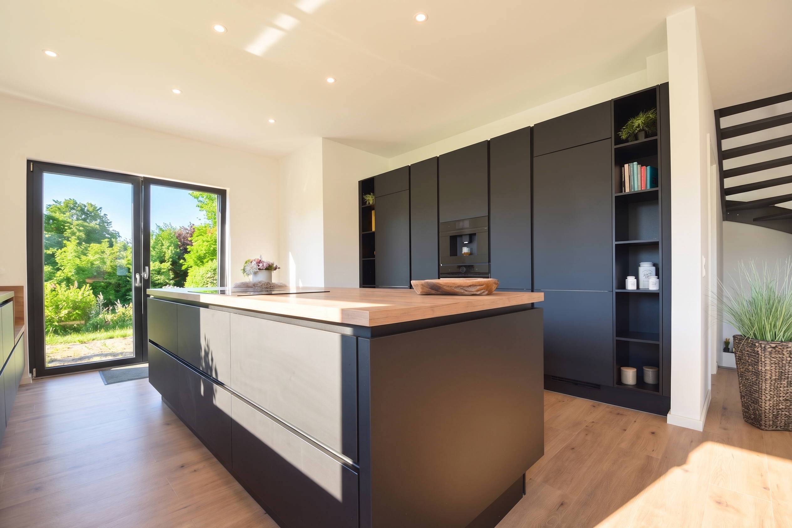 Modern kitchen with black cabinets, wood countertop island, and wood floors. Sliding glass doors lead to a green yard. [AI-generated text] [AI-modified]