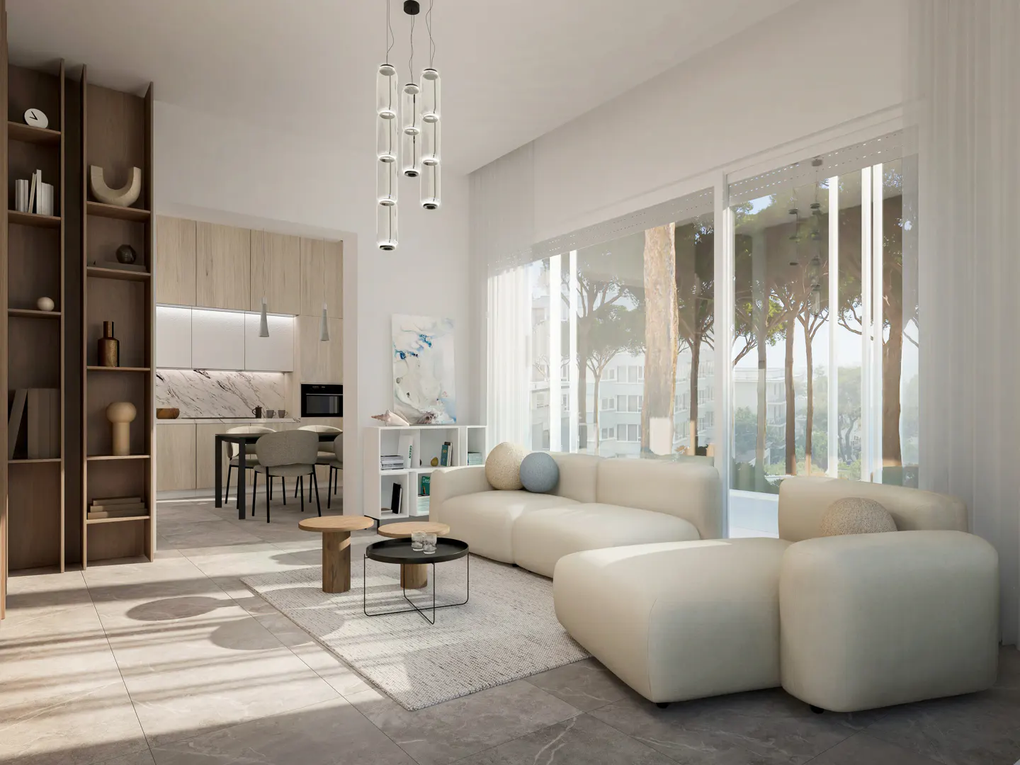 Bright, modern living room with white sofa, light wood cabinets, and floor-to-ceiling windows overlooking trees.