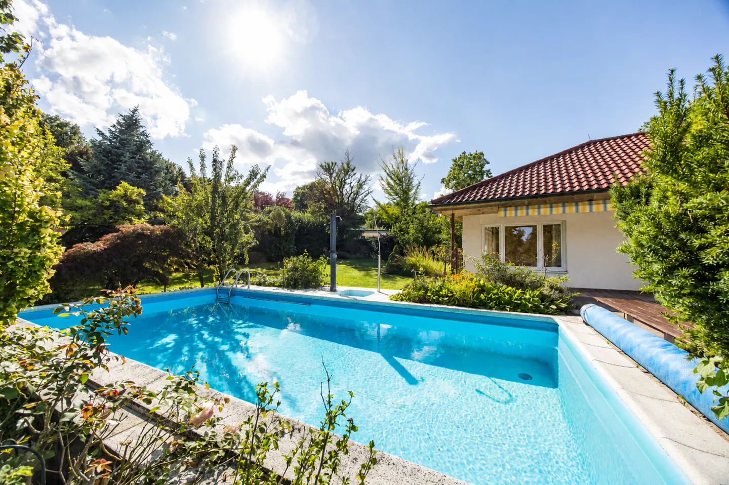 A backyard pool with clear blue water, surrounded by lush greenery and a white house with a red tile roof.