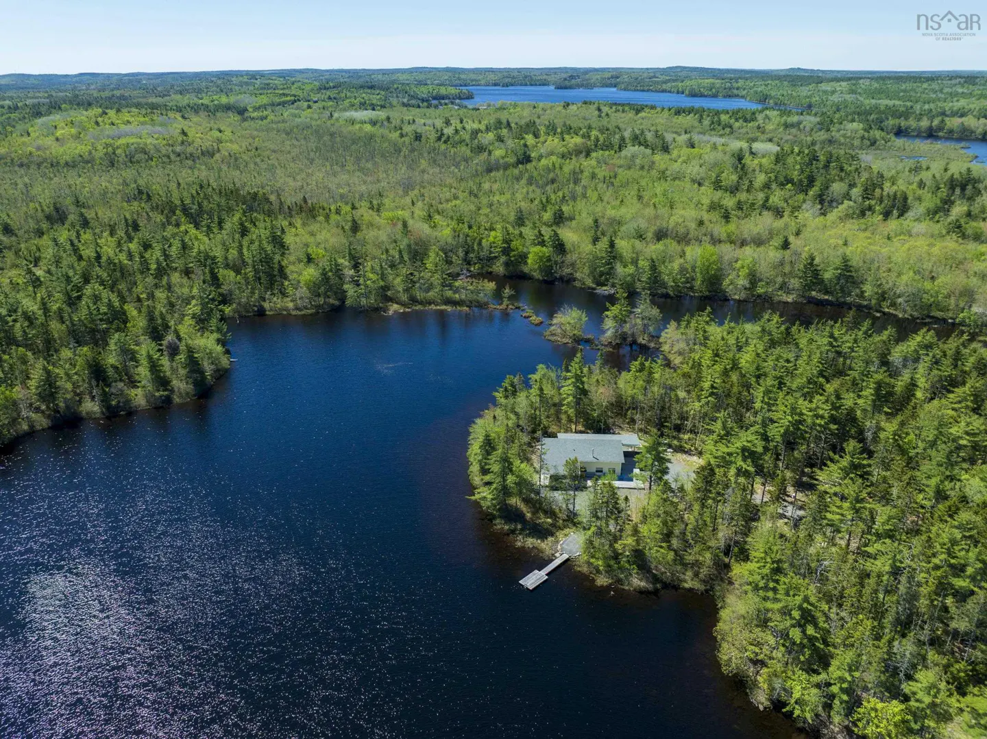Aerial view of a lake with a house on a peninsula, surrounded by green trees and a blue sky.