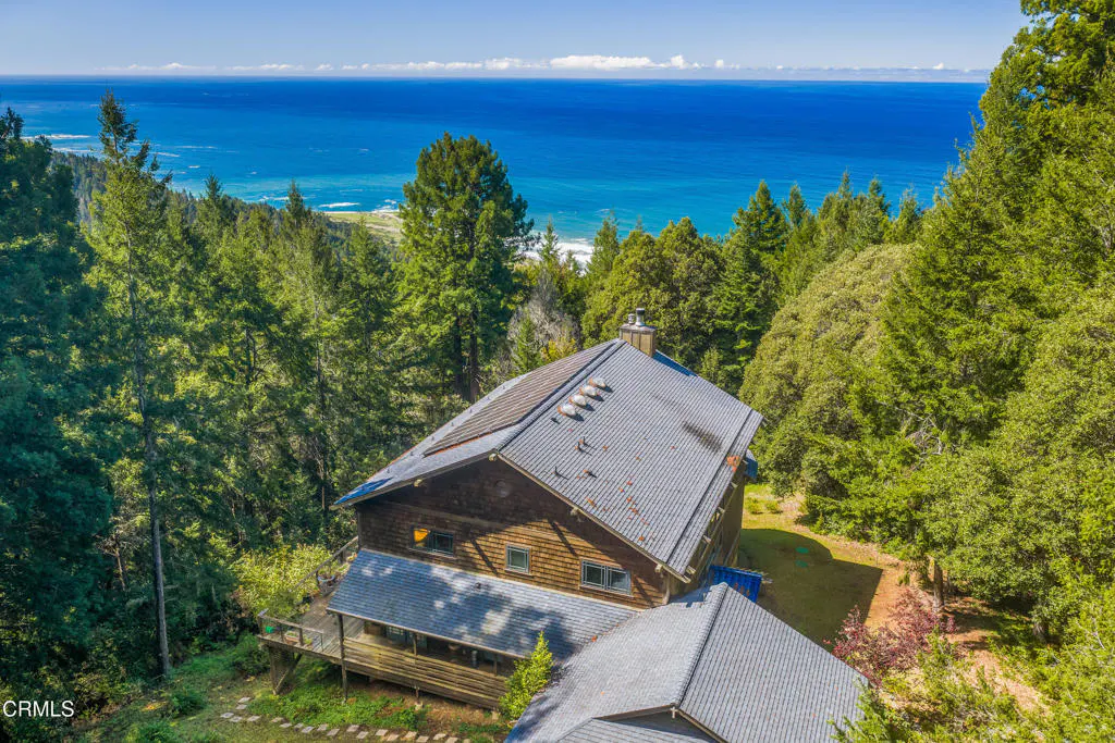 Aerial view of a wood-sided house with a gray roof, surrounded by green trees, with a blue ocean in the background.
