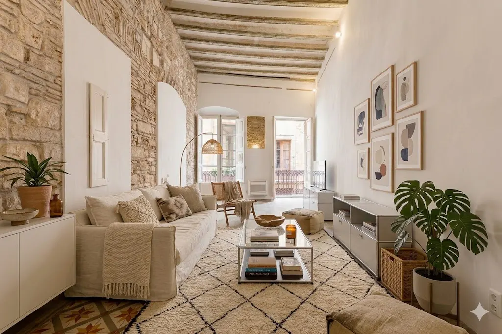 A bright living room with stone walls, a white sofa, a patterned rug, and abstract art on the wall.