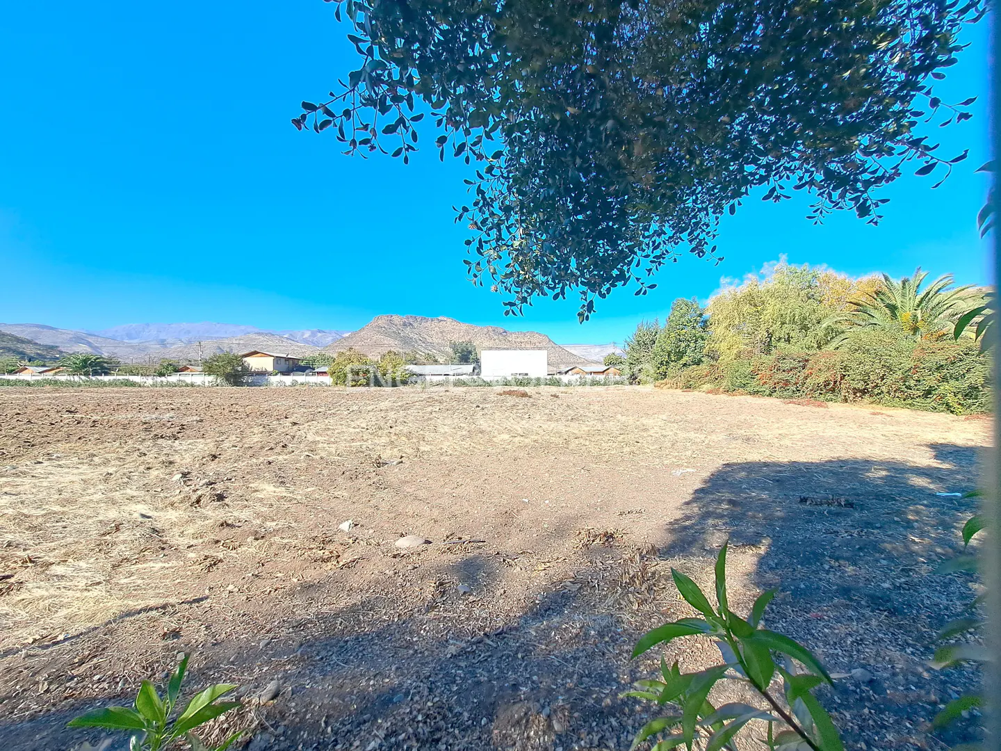 Vacant lot with dry, brown soil under a bright blue sky. Mountains are visible in the distance. Trees and foliage frame the view.