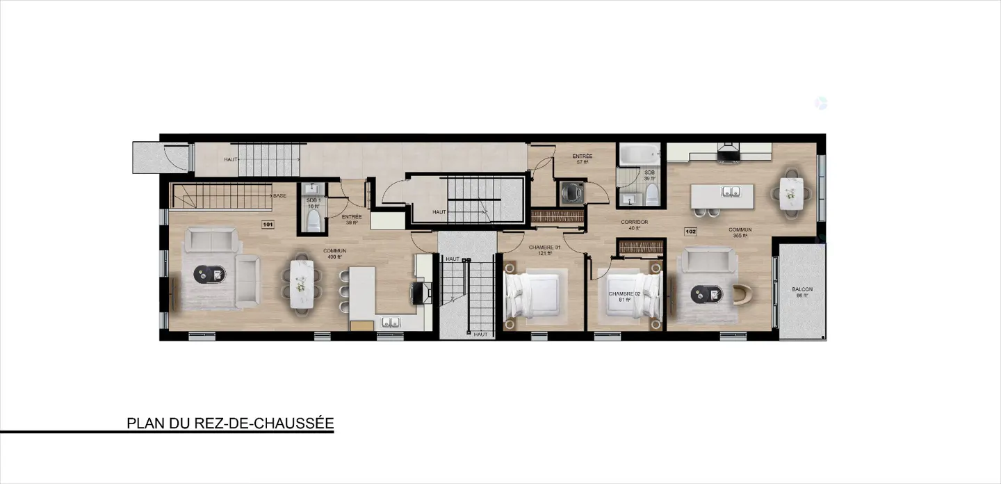 Floor plan of a house with living room, kitchen, bedrooms, bathrooms, and balcony. Text at the bottom reads "PLAN DU REZ-DE-CHAUSSÉE".