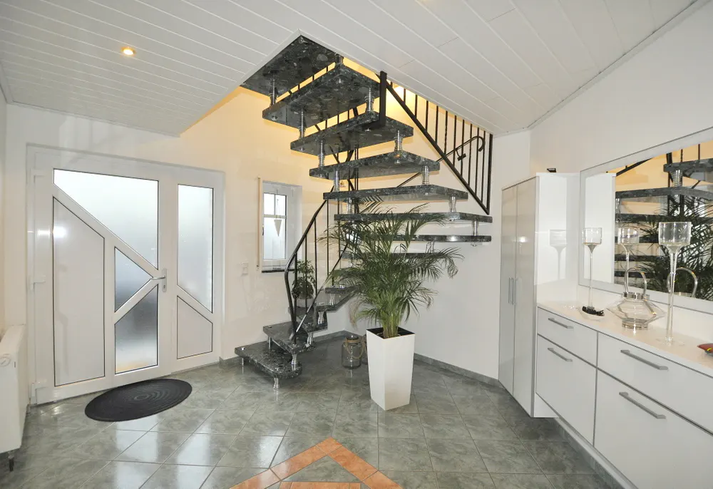 A modern foyer with a floating granite staircase, white cabinets, and a large potted plant. A white door is visible on the left.