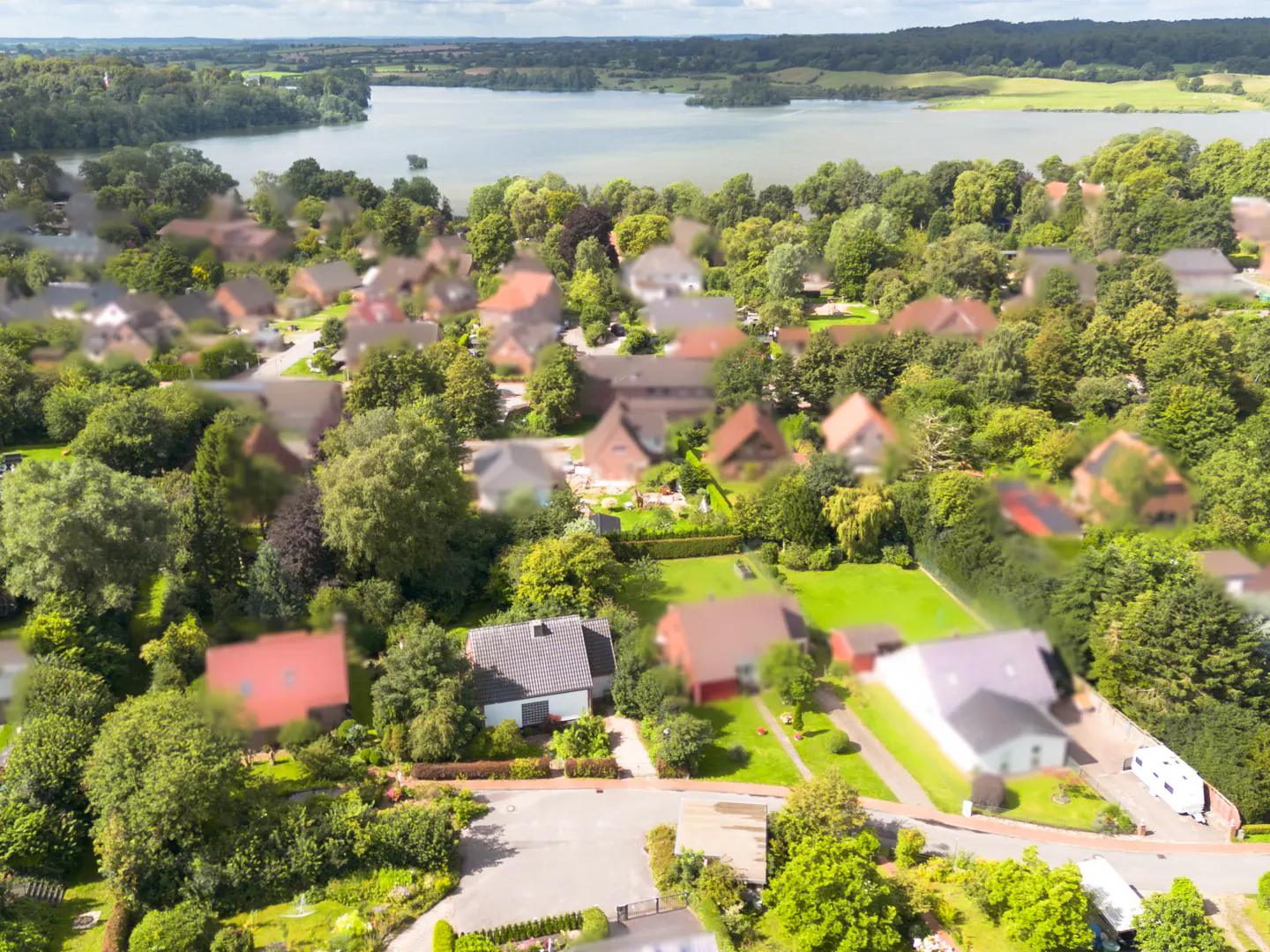 Aerial view of a residential area with houses, green trees, and a lake in the background.