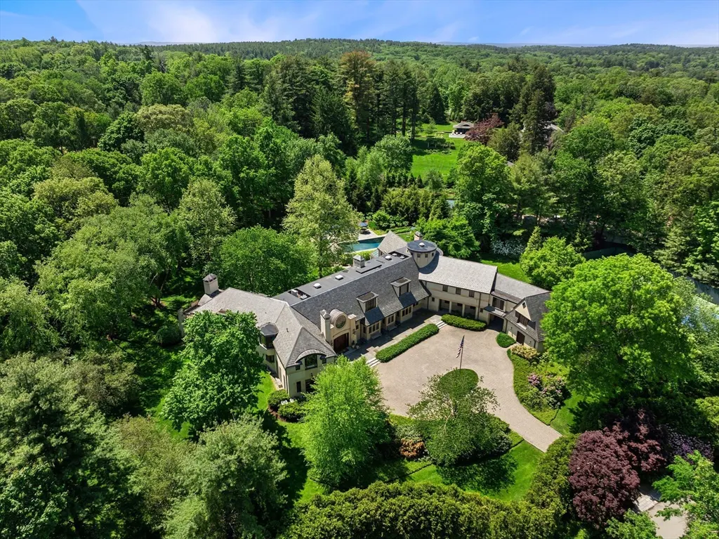 Aerial view of a large, beige house with a gray roof, surrounded by lush green trees and a blue sky.