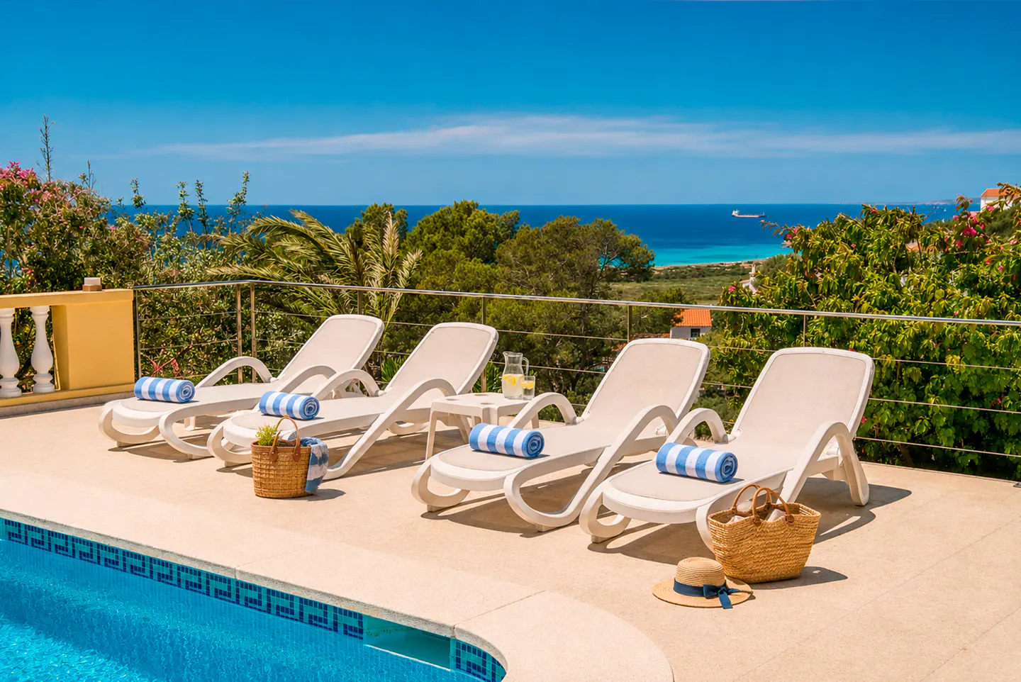 Four white lounge chairs with blue striped towels by a swimming pool overlooking the blue sea and lush greenery.