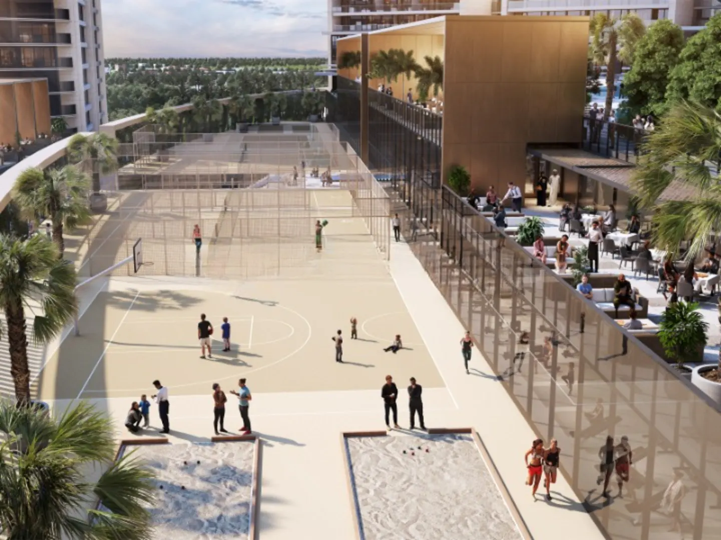Aerial view of a rooftop recreation area with a basketball court, bocce ball courts, and a restaurant with outdoor seating.