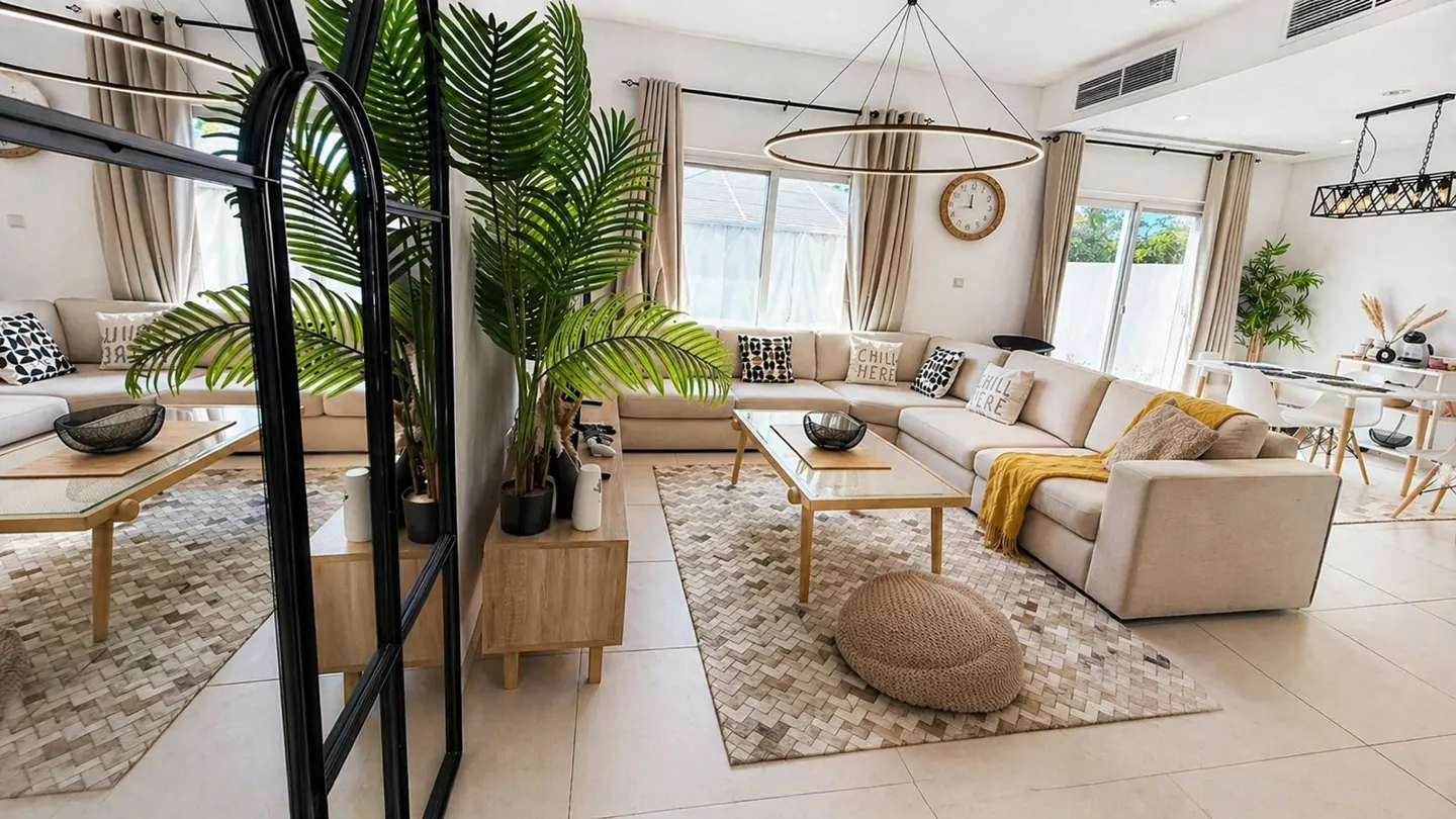 Bright living room with a beige sectional sofa, a glass-topped coffee table, and a patterned rug. A large plant and a black-framed mirror add depth.