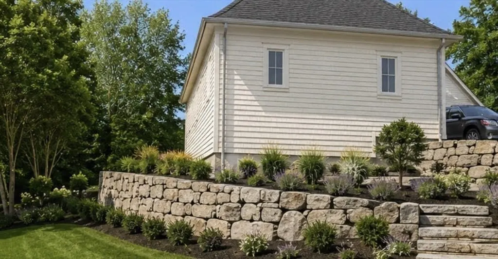 Exterior view of a white house with a stone retaining wall and landscaping. A car is parked behind the wall.