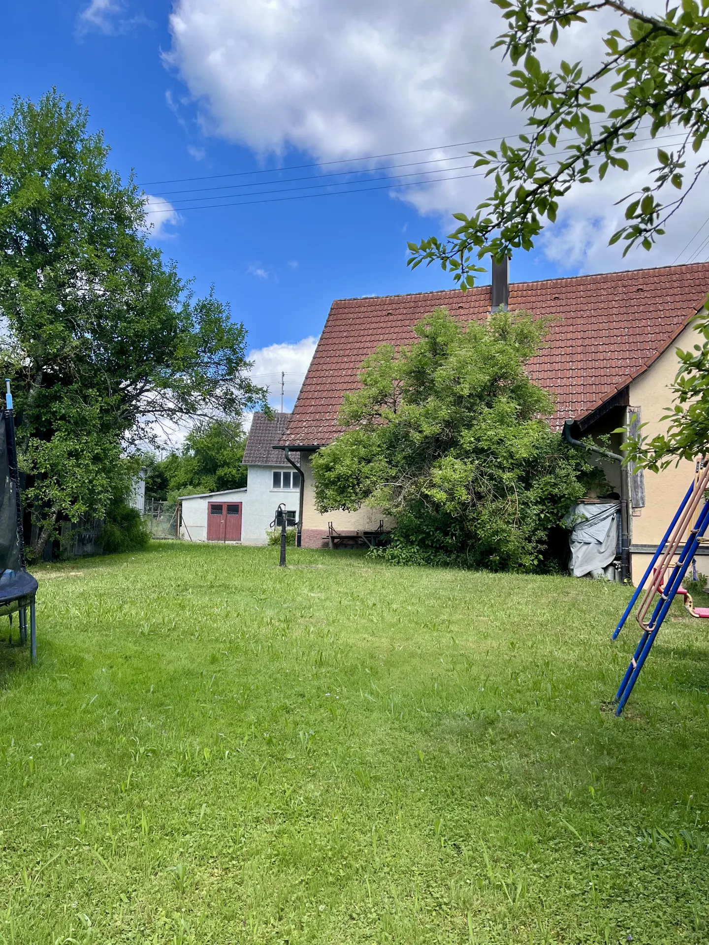 A lush green lawn leads to a house with a red tile roof, partially obscured by trees, under a blue sky.